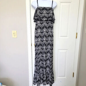 J Valdi Black White Chevron Sleeveless Maxi Dress Braided Staps Flutter Ruffle L